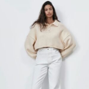 ZARA Cropped Cream Balloon Sleeved Knit Sweater Sz Small